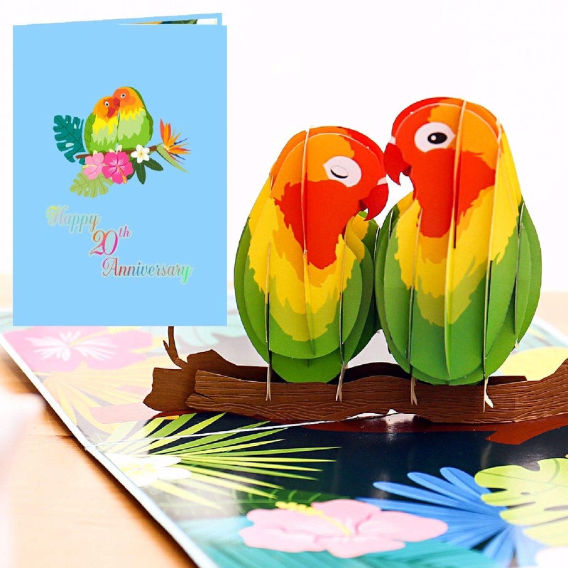 Liif Lovebird 20th Anniversary Card, 3D Greeting Pop Up Anniversary Card For 20 Years - For Husband, Wife, Parents, Couple, | With Message Note & Envelop | Size 7" x 5" - Image 1